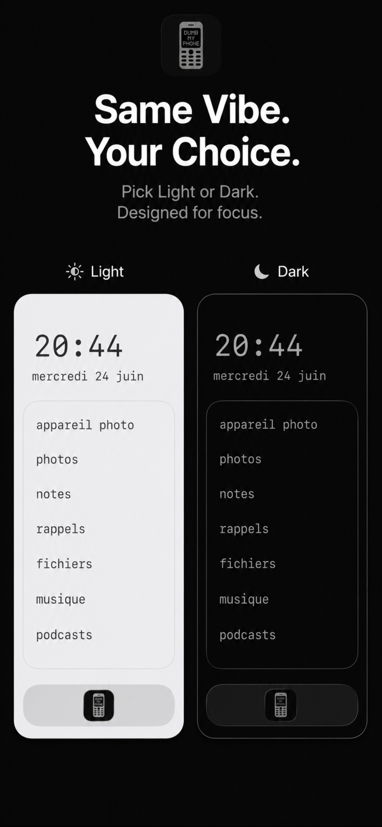 A light or dark interface in Dumb My Phone