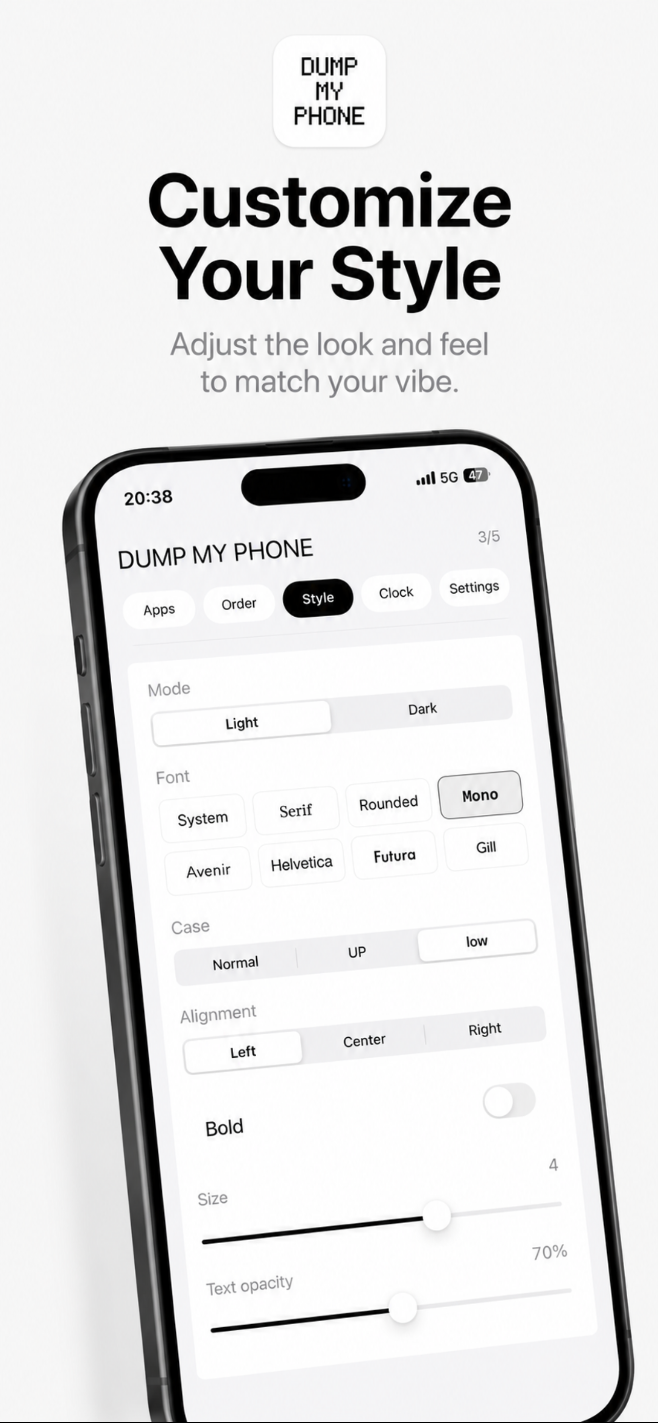 Style and display settings in Dumb My Phone