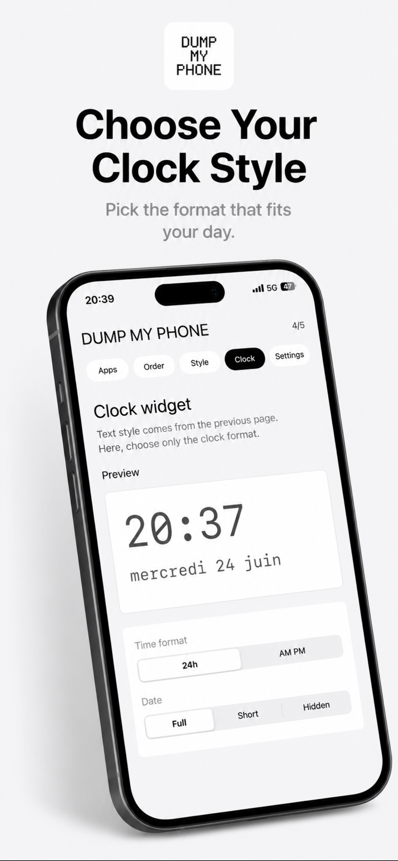 Clock style choices in Dumb My Phone